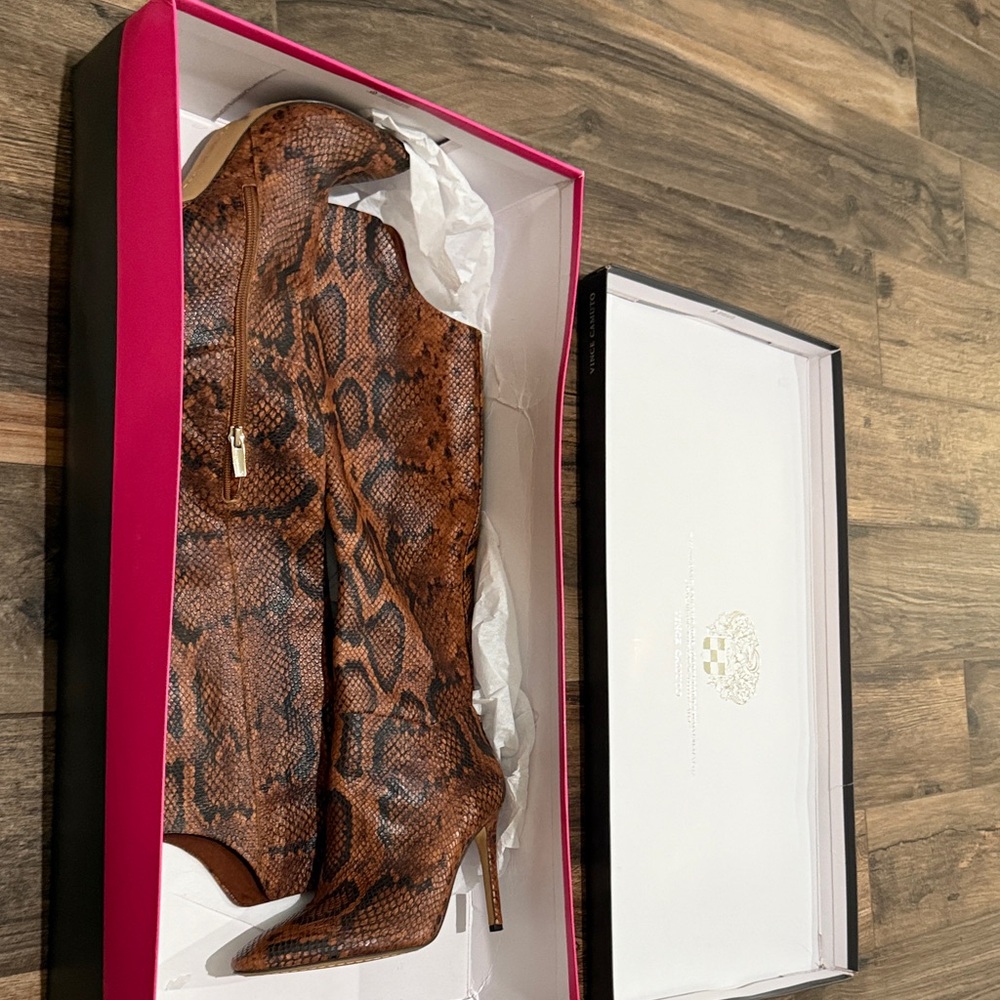 Vince Camuto caramel cream exotic shine snakeskin boots